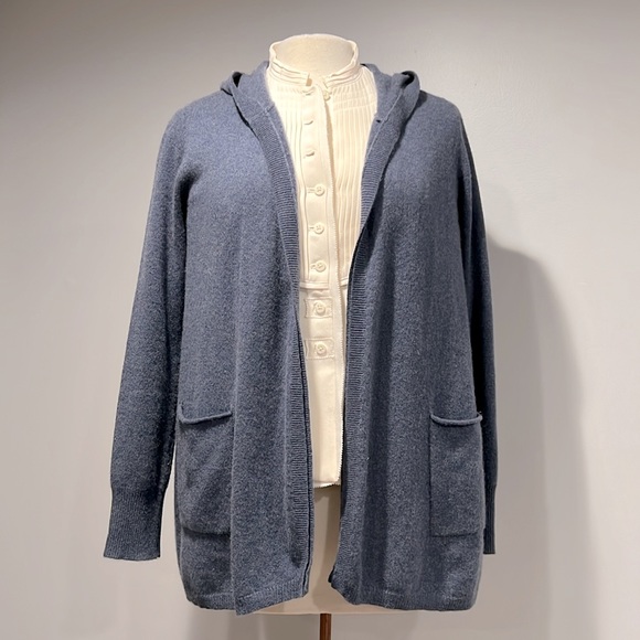 Tahari Hooded Cashmere Long Cardigan Sweater Coat Wrap Blue Womens M - Picture 6 of 17
